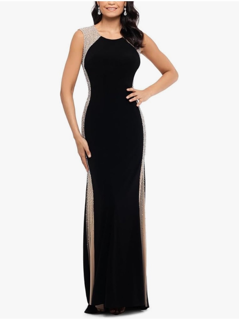 Xscape Long Ity Dress - Floor Length Sleeveless Jersey Dress with Caviar Beading